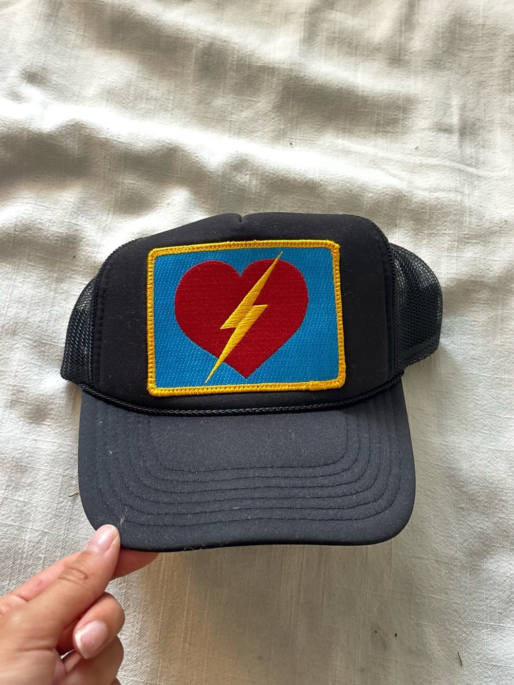 Aviator nation Black Trucker Hat with Red Heart & Yellow Lightning Patch